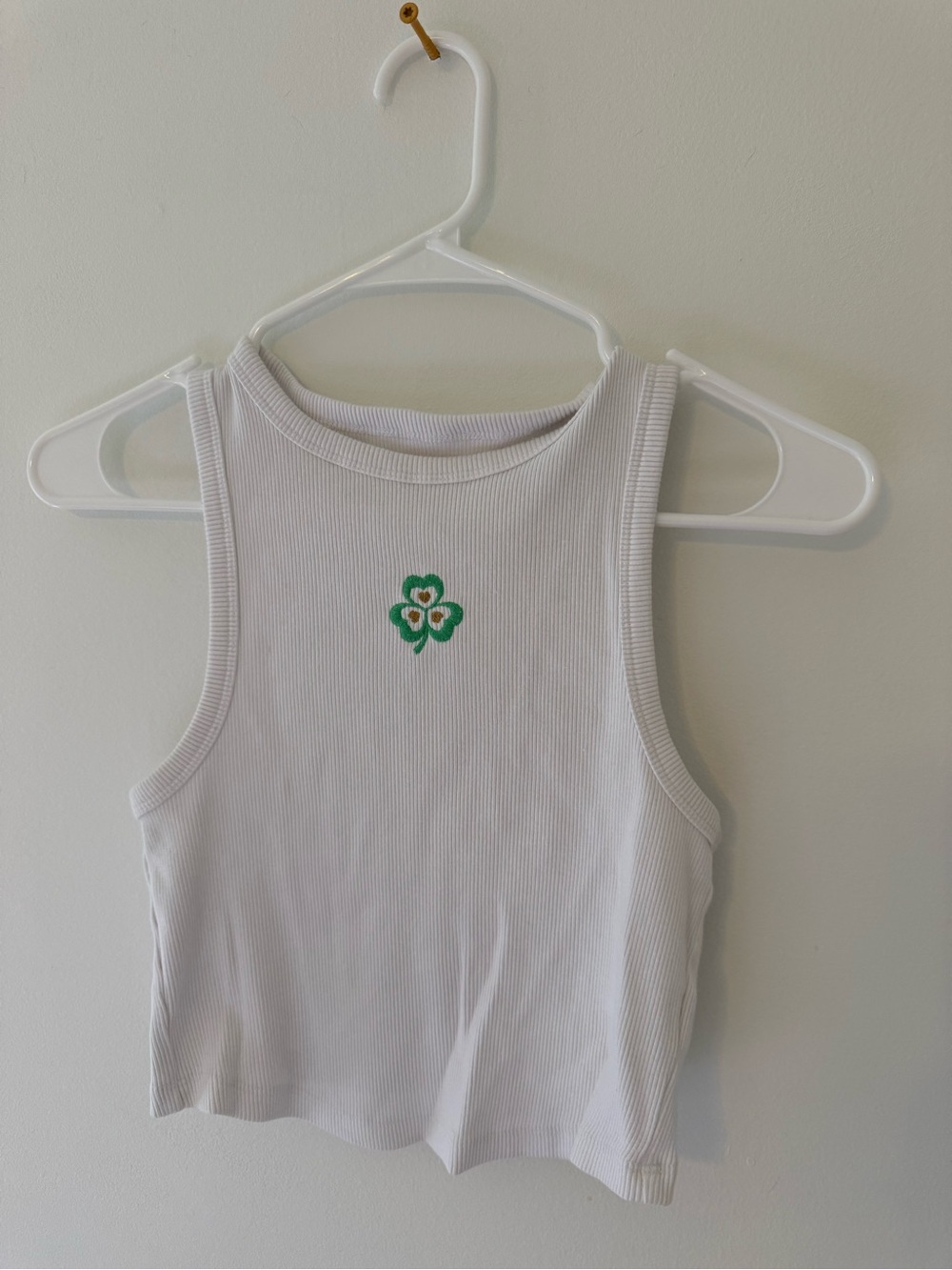 Aerie White Ribbed Cropped Tank Top with Green Clover Embroidery